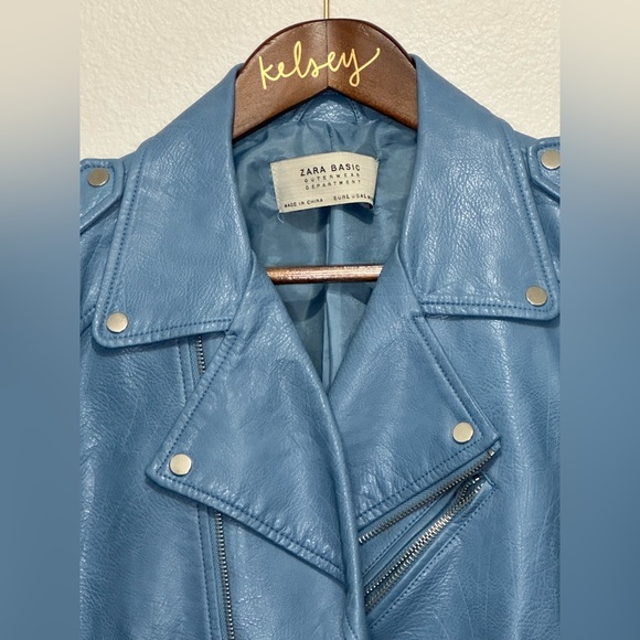 Zara Basics Size Small Blue Faux Leather Jacket - Picture 2 of 5